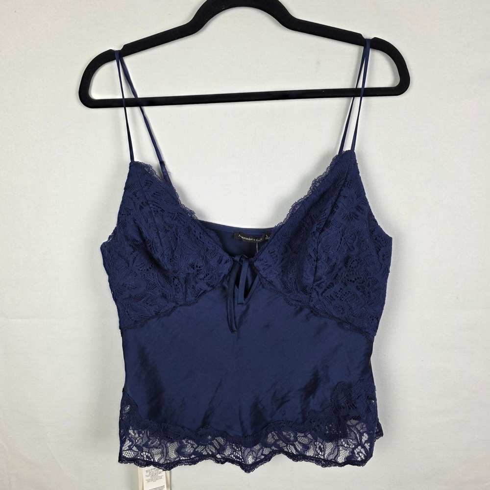 Abercrombie & Fitch Navy Blue Lace Trim Satin Camisole Top Large NWT